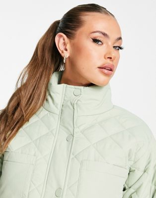 Threadbare diamond quilted jacket in sage green | ASOS