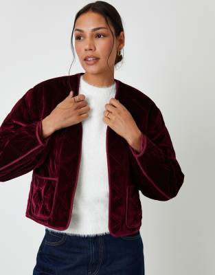 Threadbare Diamond Quilted Velvet Jacket In Red