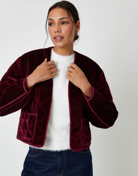 Threadbare Diamond quilted velvet jacket in burgundy - view 1