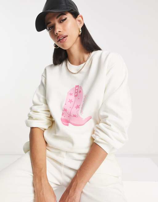 Threadbare – Dixie – Oversize-Sweatshirt in Weiß mit Cowgirl-Print