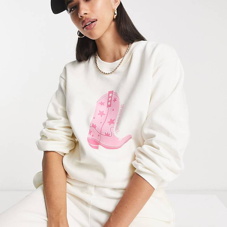 - - Oversized sweater med cowgirl-print i hvid |
