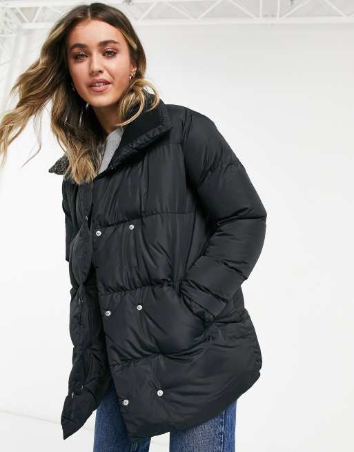 Threadbare - Dorota - Double breasted gewatteerd puffer jack met sjaalkraag in zwart