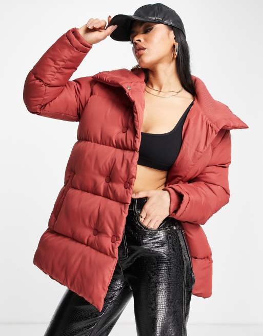 Threadbare Dorota double breasted puffer jacket with shawl neck in deep red