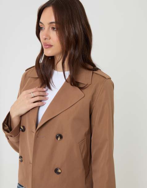 Threadbare Double breasted cropped trench coat in dark brown - view 1