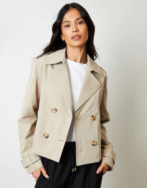 Threadbare Double breasted cropped trench coat in stone - view 1