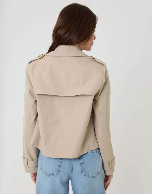 Threadbare Double breasted cropped trench coat in stone, 2 of 5