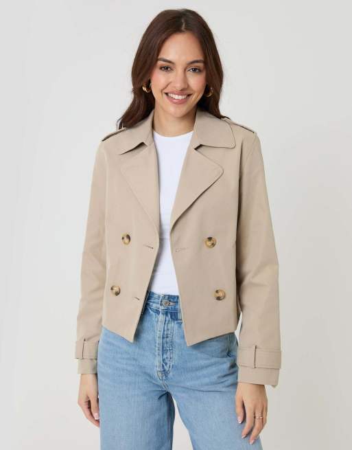 Threadbare Double breasted cropped trench coat in stone, 3 of 5