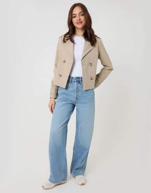 Threadbare Double breasted cropped trench coat in stone, 4 of 5