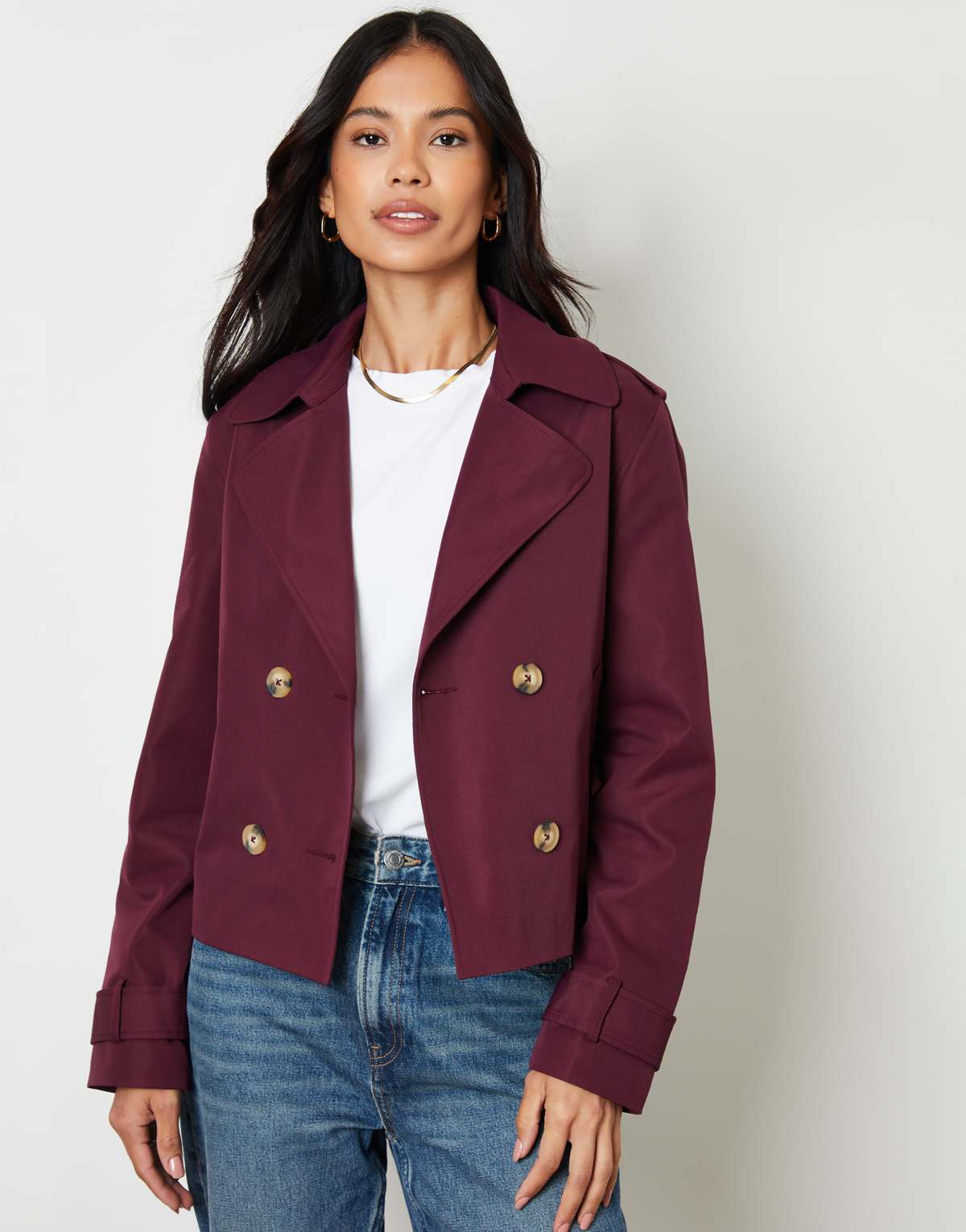 Threadbare Double breasted cropped trench coat in wine