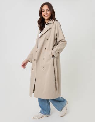 Threadbare Double Breasted Longline Trench Coat In Neutral