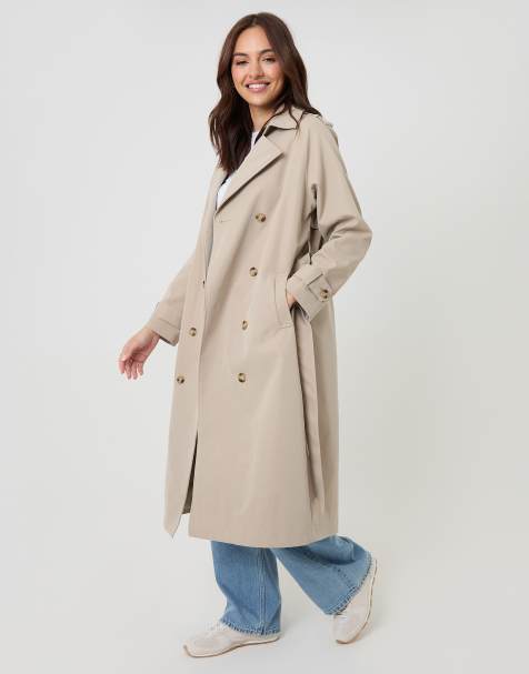 Threadbare Double breasted longline trench coat in stone - view 1