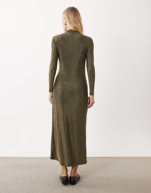Threadbare draperad midiklänning med långa ärmar och knutdetalj i guld, 4 av 4