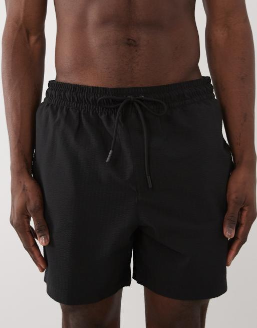 Threadbare drawcord waist seersucker swim shorts in black, 4 of 5