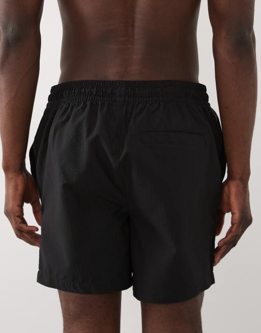 Threadbare drawcord waist seersucker swim shorts in black, 5 of 5