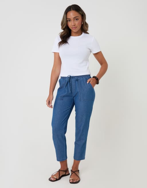 Threadbare Drawstring waist barrel leg jeans in mid blue, 2 of 4