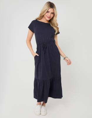 Threadbare Drawstring Waist Boat Neck Cotton Jersey Maxi Dress In Blue