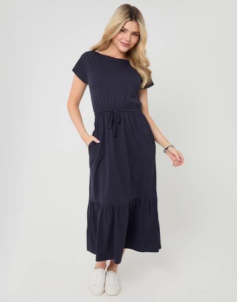 Threadbare Drawstring waist boat neck cotton jersey maxi dress in navy