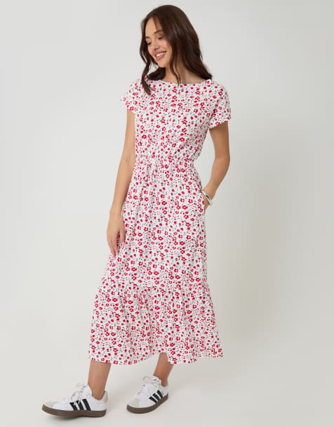 Threadbare Drawstring waist boat neck cotton jersey maxi dress in red - view 1