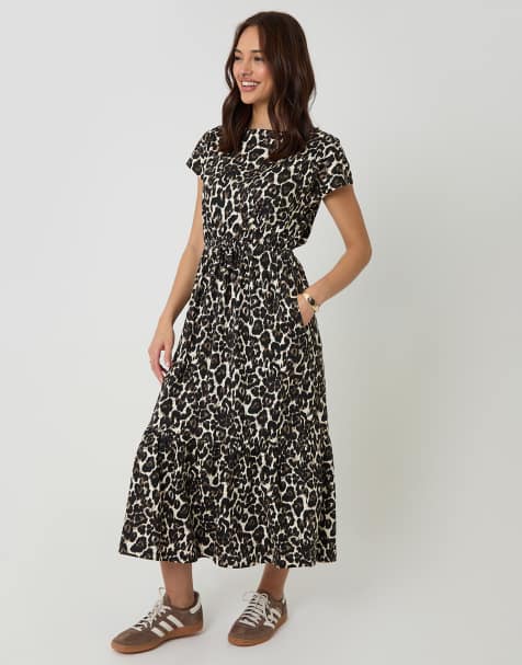 Threadbare Drawstring waist boat neck cotton jersey maxi dress in tan