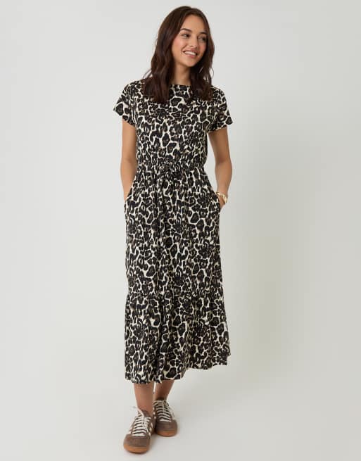 Threadbare Drawstring waist boat neck cotton jersey maxi dress in tan, 4 of 4