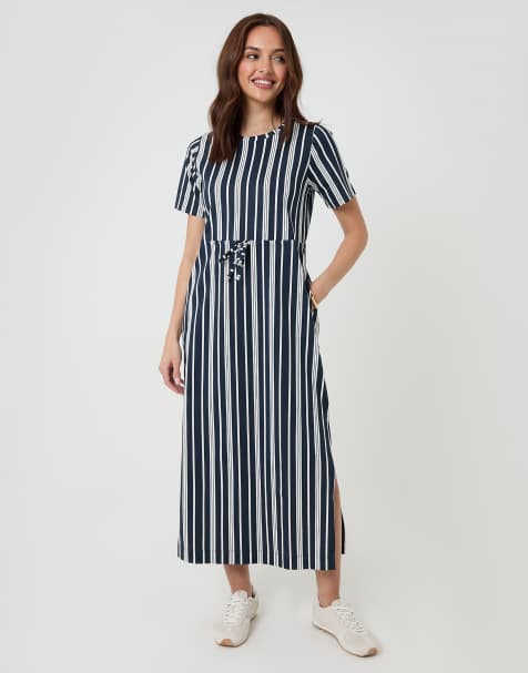 Threadbare Drawstring waist side split cotton jersey midi dress in navy