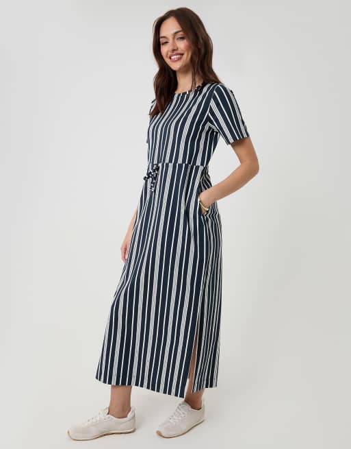 Threadbare Drawstring waist side split cotton jersey midi dress in navy, 3 of 4