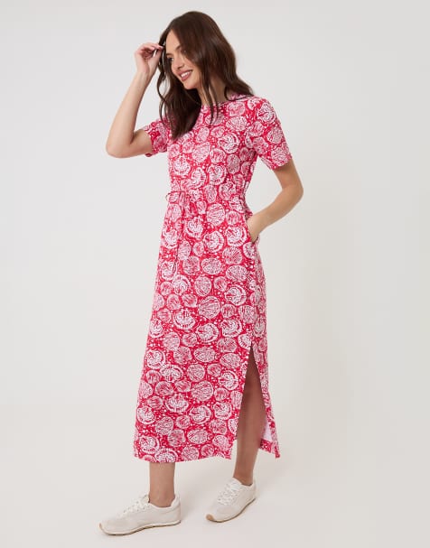 Threadbare Drawstring waist side split cotton jersey midi dress in red - view 1