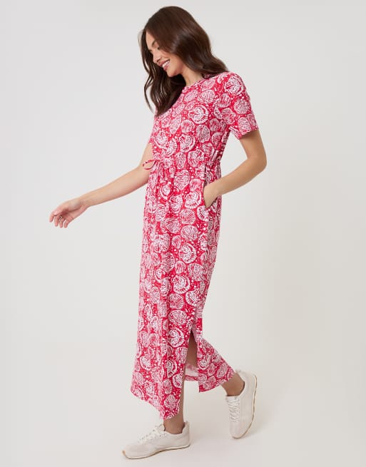 Threadbare Drawstring waist side split cotton jersey midi dress in red, 4 of 4