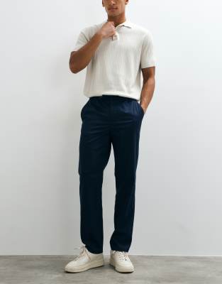 Threadbare Drawstring Waist Straight Leg Pants With Pleats In Navy