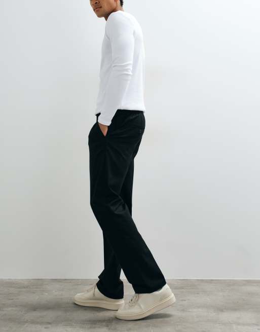 Threadbare drawstring waist straight leg trousers with pleat in black, 3 of 5