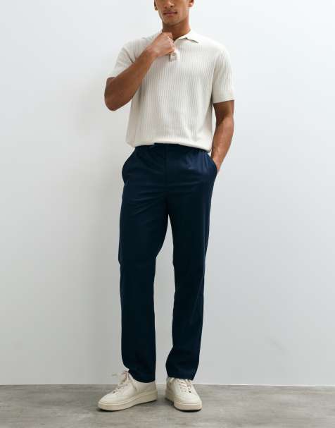 Threadbare drawstring waist straight leg trousers with pleat in navy