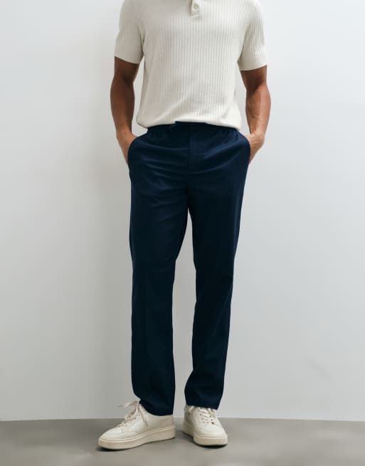 Threadbare drawstring waist straight leg trousers with pleat in navy, 4 of 5