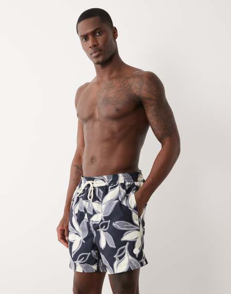 Threadbare drawstring waist swim shorts with leaf print in navy - view 1