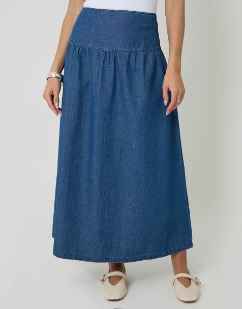 Threadbare Dropped waist denim maxi skirt in mid blue