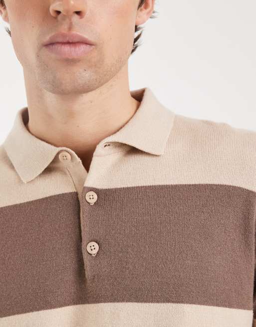 Threadbare – Dzianinowa koszulka polo w stylu rugby w paski w kolorze szarobeżowym i ecru, 5 z 5