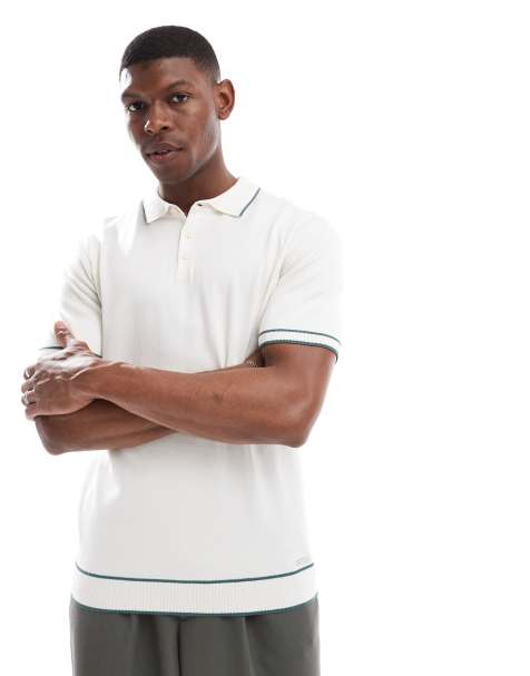 Threadbare short sleeve knitted polo shirt in ecru and sage