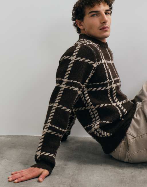 Threadbare dzianinowy sweter w kratę z okrągłym dekoltem w kolorze czekoladowym, 2 z 5