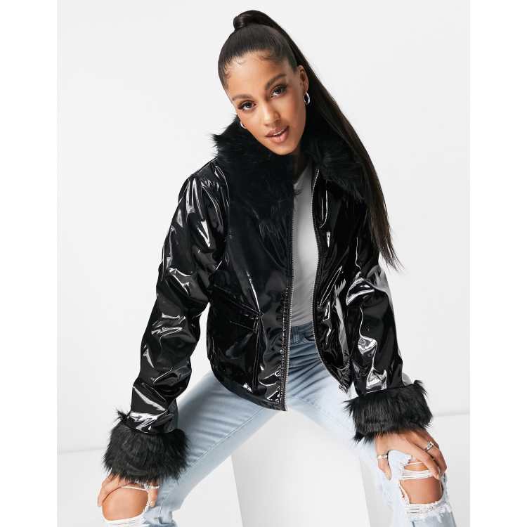 Crop vinyl faux cheap fur trim puffer jacket