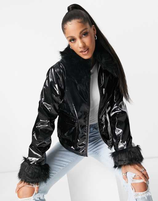 Threadbare Edan vinyl jacket with faux fur trims in black ASOS