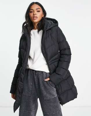 Threadbare Eeyore Mid Length Hooded Lightweight Puffer Jacket In Black