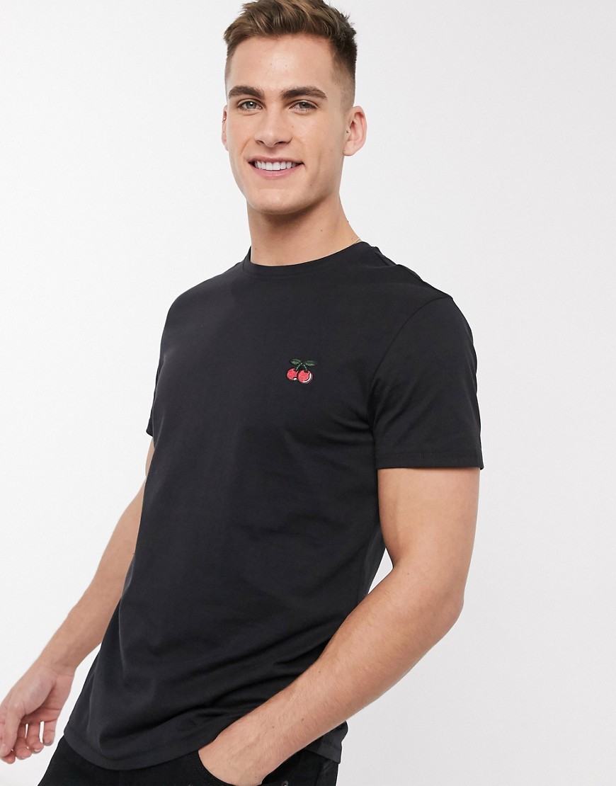 Threadbare – Ekologisk t-shirt med broderat körsbär-Svart
