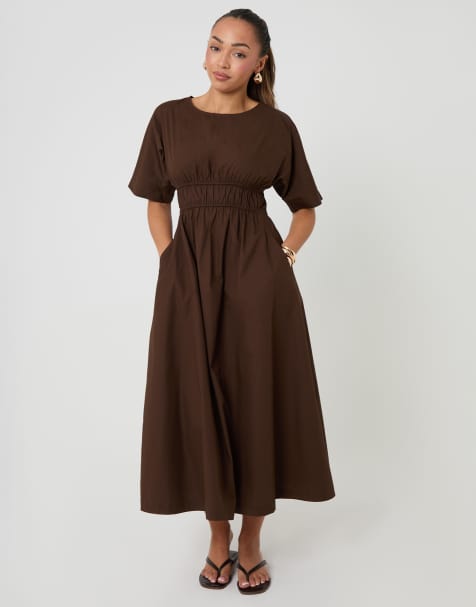 Threadbare Elasticated waist cotton poplin midi dress in chocolate - view 1