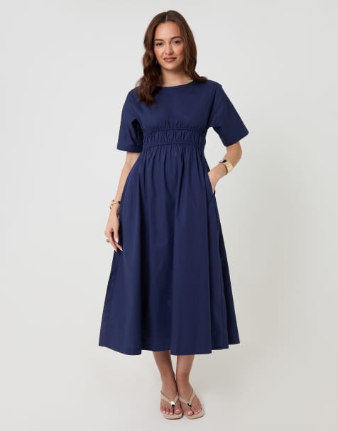 Threadbare Elasticated waist cotton poplin midi dress in navy