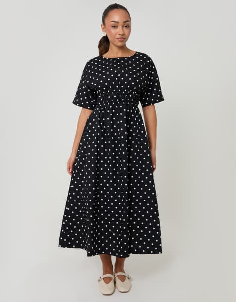 Threadbare elasticated waist polka dot poplin midi dress in black - view 1