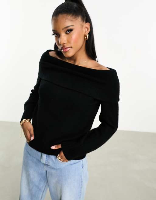 Threadbare Ella off shoulder jumper in black ASOS