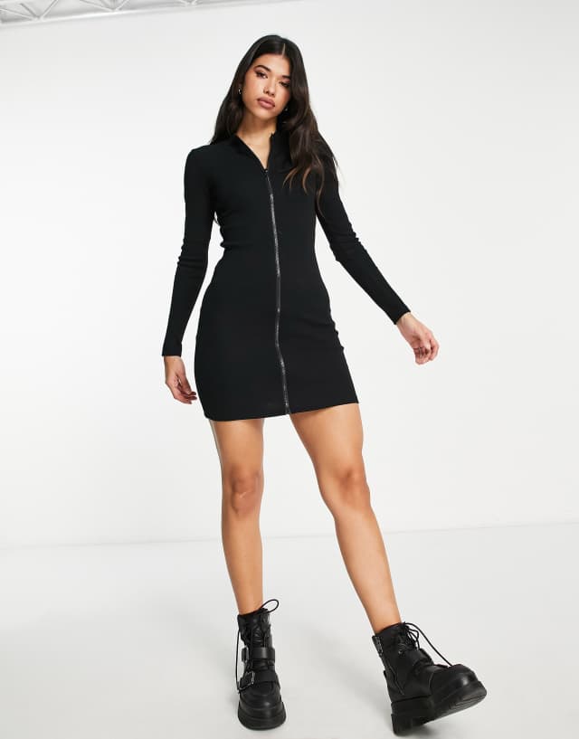 Threadbare Elle ribbed zip through mini dress in black