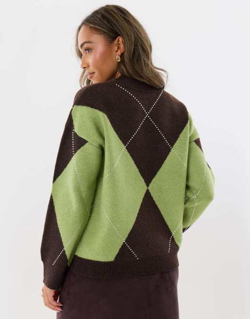 Threadbare Embellished argyle knitted jumper in green, 2 of 4