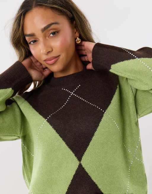 Threadbare Embellished argyle knitted jumper in green, 3 of 4