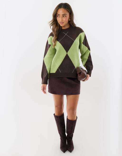 Threadbare Embellished argyle knitted jumper in green, 4 of 4