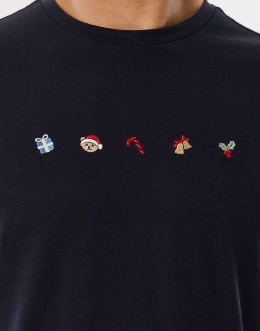Threadbare Embroidered christmas pyjama set in navy, 2 of 4